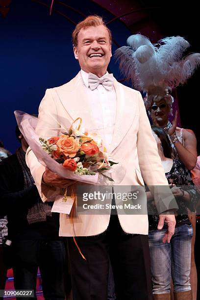 Kelsey Grammer at the curtain call for his final performance in "La Cage Aux Folles" on Broadway at the Longacre Theatre on February 13, 2011 in New...
