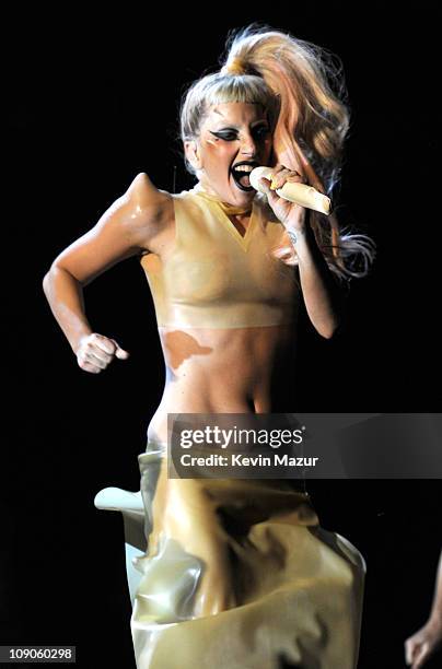 Lady Gaga performs onstage during The 53rd Annual GRAMMY Awards held at Staples Center on February 13, 2011 in Los Angeles, California.