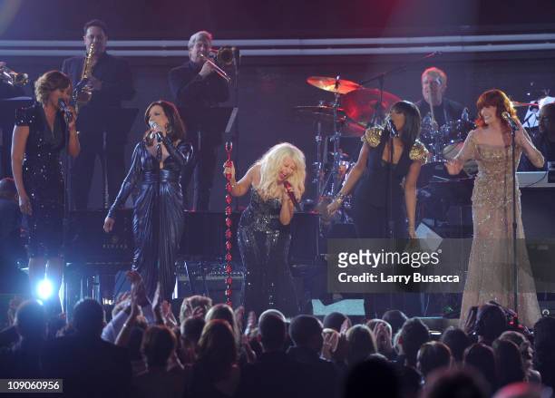 Singers Yolanda Adams; Martina McBride, Christina Aguilera, Jennifer Hudson and Florence Welch attends The 53rd Annual GRAMMY Awards held at Staples...