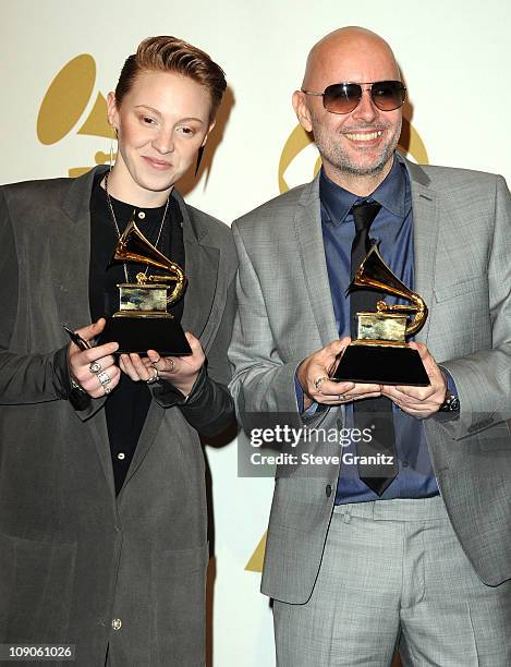 Musicians Elly Jackson and Ben Langmaid from the band La Roux pose in the press room at The 53rd Annual GRAMMY Awards held at Staples Center on...