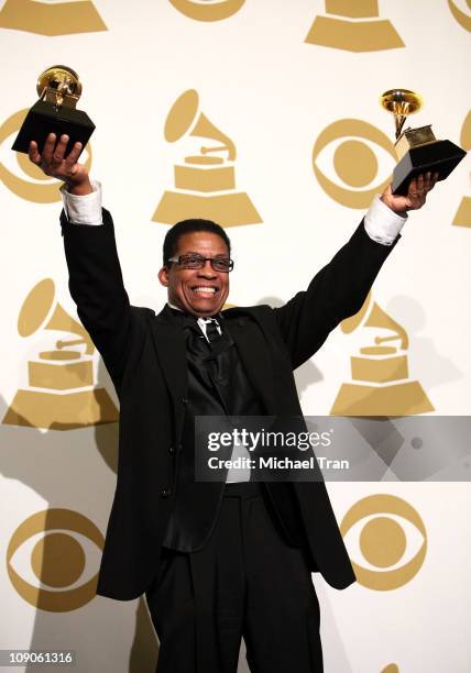 Musician Herbie Hancock poses in the press room at The 53rd Annual GRAMMY Awards held at Staples Center on February 13, 2011 in Los Angeles,...