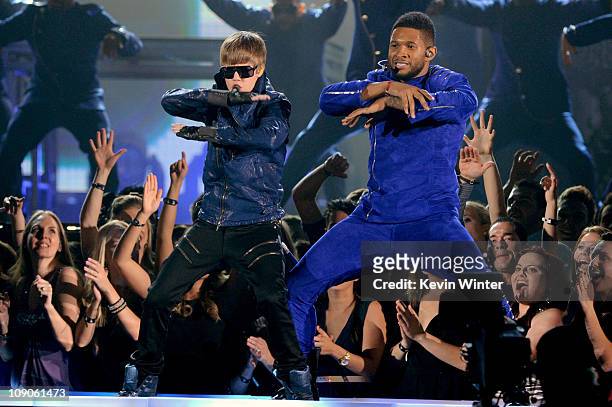 Singers Justin Bieber and Usher perform onstage during The 53rd Annual GRAMMY Awards held at Staples Center on February 13, 2011 in Los Angeles,...