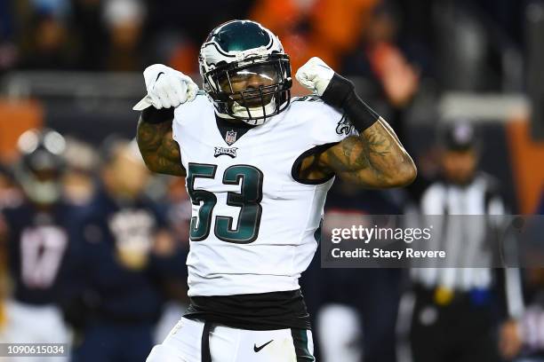 Nigel Bradham of the Philadelphia Eagles reacts against the Chicago Bears in the second quarter of the NFC Wild Card Playoff game at Soldier Field on...