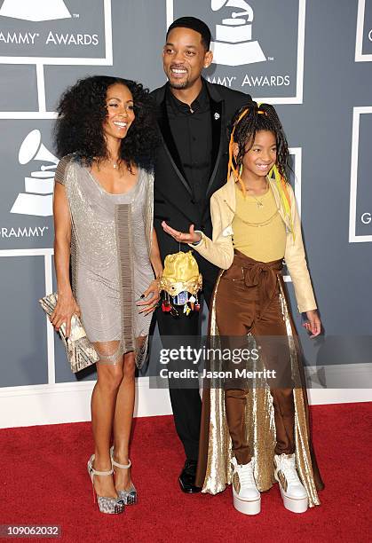 Jada Pinkett Smith, Will Smith and Jaden Smith arrive at The 53rd Annual GRAMMY Awards held at Staples Center on February 13, 2011 in Los Angeles,...