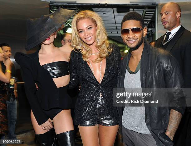 Lady Gaga, Beyonce Knowles and Usher pose backstage at The 53rd Annual GRAMMY Awards held at Staples Center on February 13, 2011 in Los Angeles,...