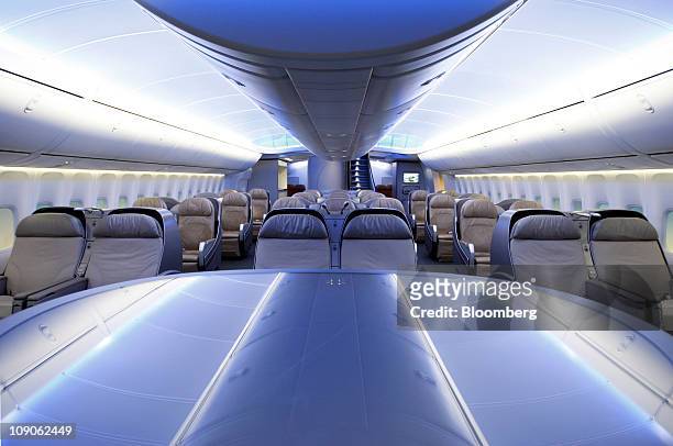 Seating for the Boeing Co. 747-8 Intercontinental jumbo jet is shown in a mock-up of the interior at the Boeing Customer Experience Center in Renton,...