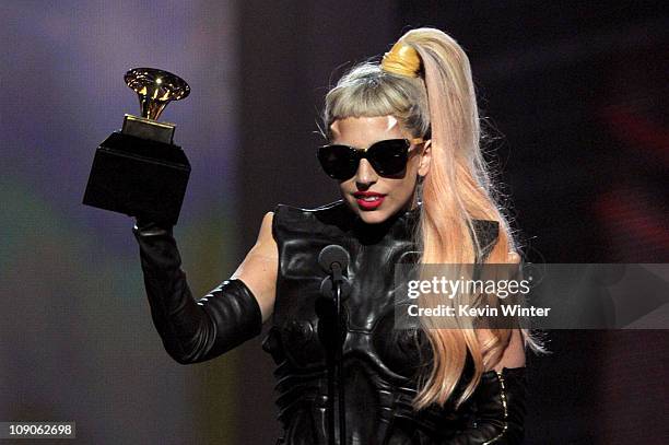 Singer Lady Gaga accepts the Best Pop Vocal Album award for "The Fame Monster" onstage during The 53rd Annual GRAMMY Awards held at Staples Center on...