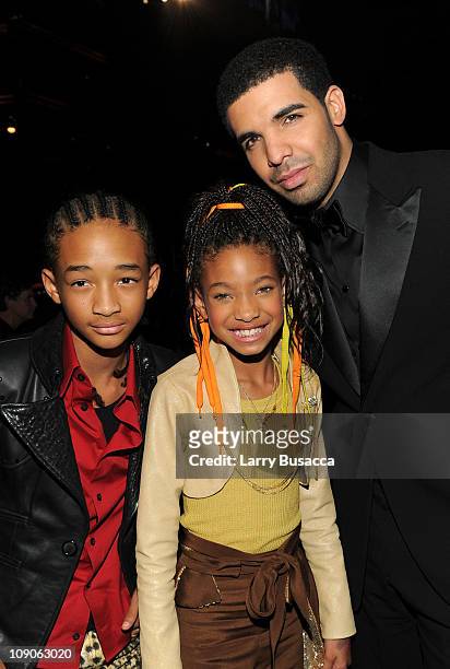 Actor Jaden Smith, singer Willow Smith and rapper Drake attend The 53rd Annual GRAMMY Awards held at Staples Center on February 13, 2011 in Los...