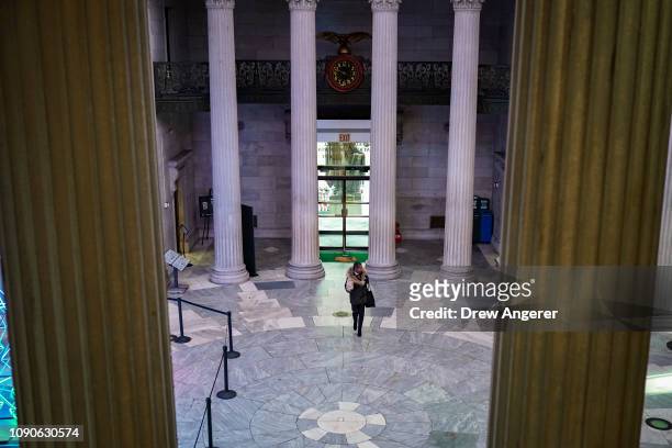 National Park Service employee arrives for work at Federal Hall, January 28, 2019 in New York City. Operated by the National Park Service, the...