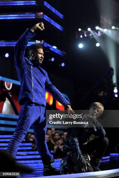 Singers Usher and Justin Bieber perform onstage at The 53rd Annual GRAMMY Awards held at Staples Center on February 13, 2011 in Los Angeles,...