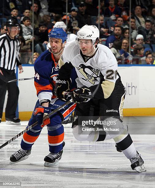 Eric Tangradi of the Pittsburgh Penguins skates against the New York Islanders on February 11, 2011 at Nassau Coliseum in Uniondale, New York. The...