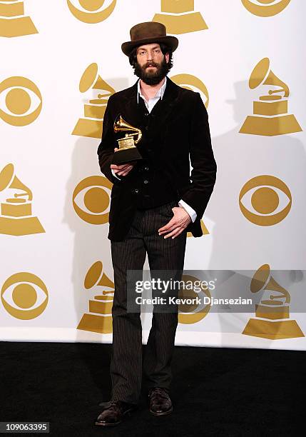 Musician Ray LaMontagne, winner of the Best Contemporary Folk Album award for "God Willin' & The Creek Don't Rise " poses in the press room at The...