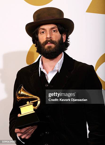 Musician Ray LaMontagne, winner of the Best Contemporary Folk Album award for "God Willin' & The Creek Don't Rise " poses in the press room at The...