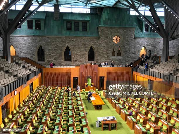 Workers put last touches on the interior inside the West Block of the House of Commons during a media tour on January 15, 2019 in Ottawa. - Canadian...