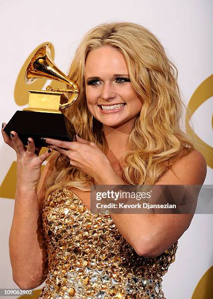 Musician Miranda Lambert, winner of the Best Female Country Vocal Performance award for ""The House That Built Me" poses in the press room at The...