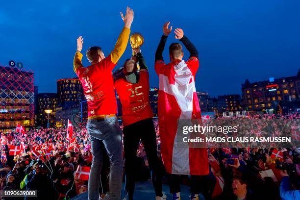 The Danish handball team is celebrated one day after they won the men's IHF Handball World Championship final match against Norway, at the town...