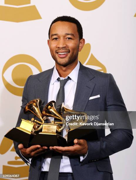 Musician John Legend, winner of the Best R&B Album award for "Wake Up!" and Best R&B Song award for "Shine" and the Best Traditional R&B Vocal...