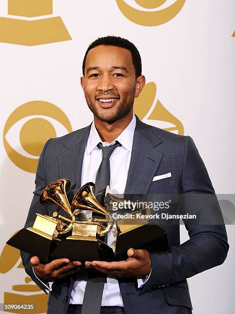Musician John Legend, winner of the Best R&B Album award for "Wake Up!" and Best R&B Song award for "Shine" and the Best Traditional R&B Vocal...