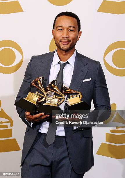 Musician John Legend, winner of the Best R&B Album award for "Wake Up!" and Best R&B Song award for "Shine" and the Best Traditional R&B Vocal...