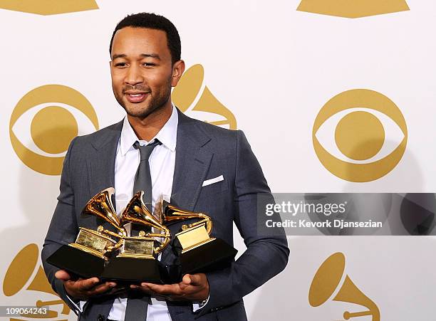 Musician John Legend, winner of the Best R&B Album award for "Wake Up!" and Best R&B Song award for "Shine" and the Best Traditional R&B Vocal...