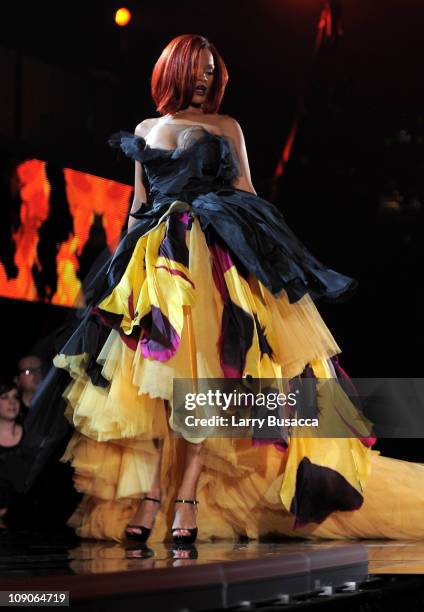 Singer Rihanna performs onstage at The 53rd Annual GRAMMY Awards held at Staples Center on February 13, 2011 in Los Angeles, California.