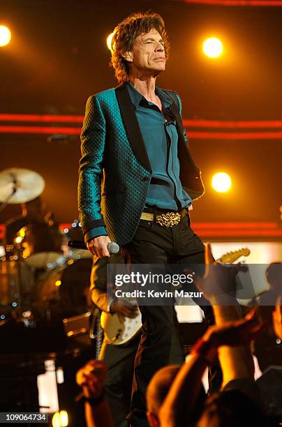 Mick Jagger performs onstage during The 53rd Annual GRAMMY Awards held at Staples Center on February 13, 2011 in Los Angeles, California.