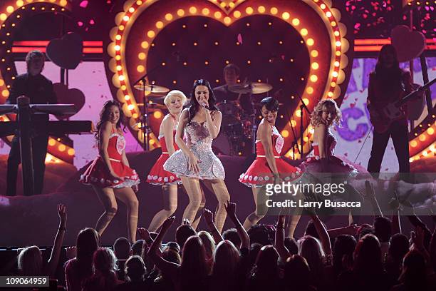 Singer Katy Perry performs onstage at The 53rd Annual GRAMMY Awards held at Staples Center on February 13, 2011 in Los Angeles, California.