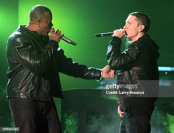 Rappers Dr Dre and Eminem attend The 53rd Annual GRAMMY Awards held at Staples Center on February 13, 2011 in Los Angeles, California.