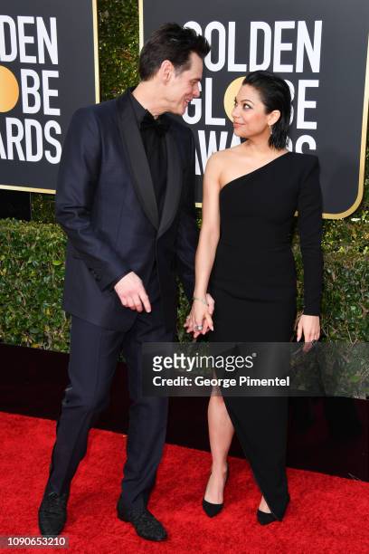 Jim Carrey and Ginger Gonzaga attend the 76th Annual Golden Globe Awards held at The Beverly Hilton Hotel on January 06, 2019 in Beverly Hills,...