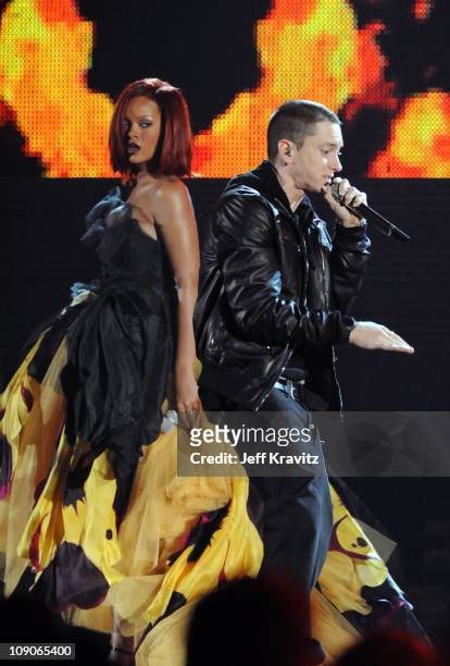 Singer Rihanna and rapper Eminem perform onstage during The 53rd Annual GRAMMY Awards held at Staples Center on February 13, 2011 in Los Angeles,...