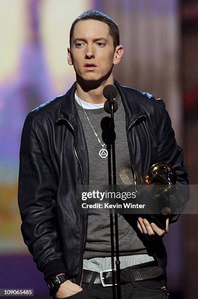 Eminem accepts an award onstage during The 53rd Annual GRAMMY Awards held at Staples Center on February 13, 2011 in Los Angeles, California.