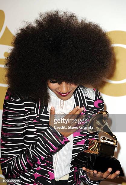 Esperanza Spalding poses in the press room at The 53rd Annual GRAMMY Awards held at Staples Center on February 13, 2011 in Los Angeles, California.