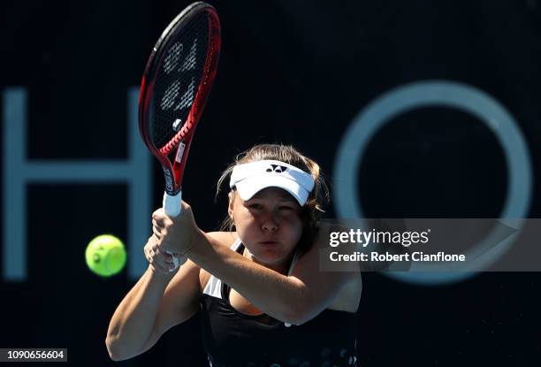 Evgeniya Rodina of Russia plays a shot during her singles match against Anna Schmiedlová of Slovakia during day three of the 2019 Hobart...