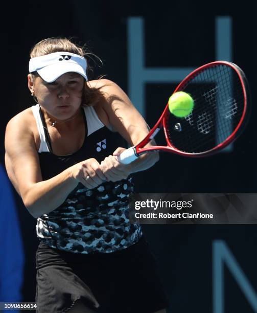 Evgeniya Rodina of Russia plays a shot during her singles match against Anna Schmiedlová of Slovakia during day three of the 2019 Hobart...