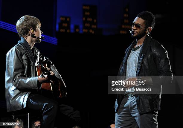 Singers Justin Bieber and Usher perform onstage at The 53rd Annual GRAMMY Awards held at Staples Center on February 13, 2011 in Los Angeles,...