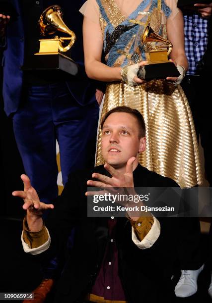 Musician Win Butler, winner of the Album of the Year Award of the band Arcade Fire pose in the press room at The 53rd Annual GRAMMY Awards held at...