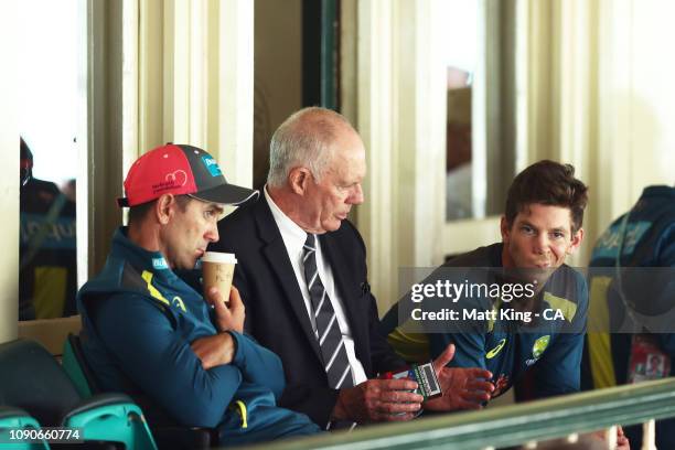 Australian coach Justin Langer talks to Australian Selector Greg Chappell and Australian captain Tim Paine during day five of the Fourth Test match...