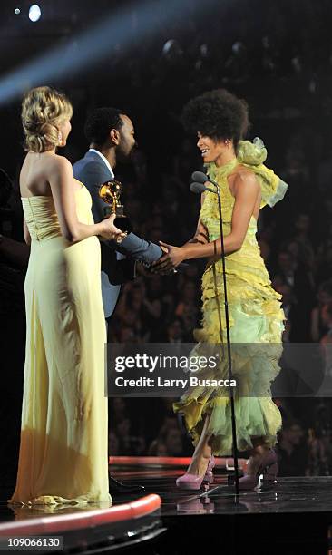 Esperanza Spalding accepts the Best New Artist Award at The 53rd Annual GRAMMY Awards held at Staples Center on February 13, 2011 in Los Angeles,...