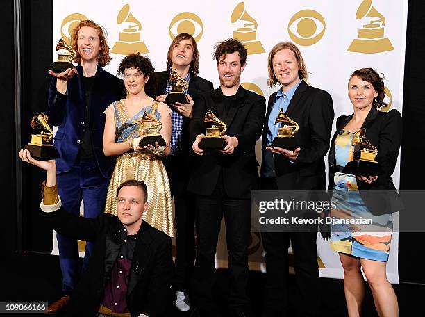 Musicians Richard Reed Parry, Win Butler, Regine Chassagne, William Butler, Jeremy Gara, Tim Kingsbury and Sarah Neufeld of the band Arcade Fire ,...