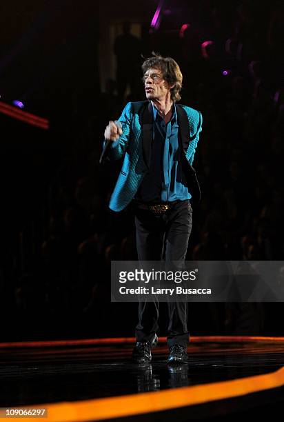 Singer Mick Jagger performs onstage at The 53rd Annual GRAMMY Awards held at Staples Center on February 13, 2011 in Los Angeles, California.