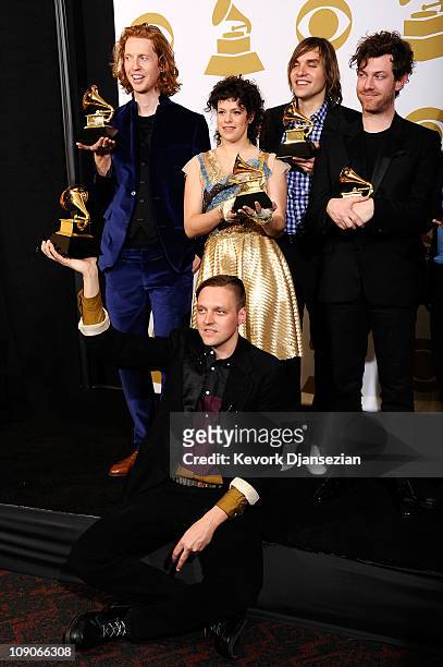 Musicians Richard Reed Parry, Win Butler, Regine Chassagne, William Butler and Jeremy Gara of the band Arcade Fire , winners of the Album of the Year...
