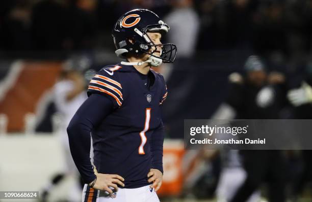 Cody Parkey of the Chicago Bears reacts after missing a field goal attempt in the final moments of their 15 to 16 loss to the Philadelphia Eagles in...