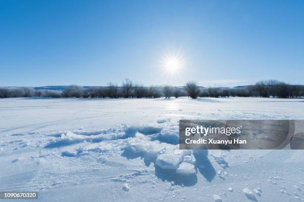 vehicle tracks through thick layer of ice, with blue sky and sun above. - breaking the ice stock-fotos und bilder