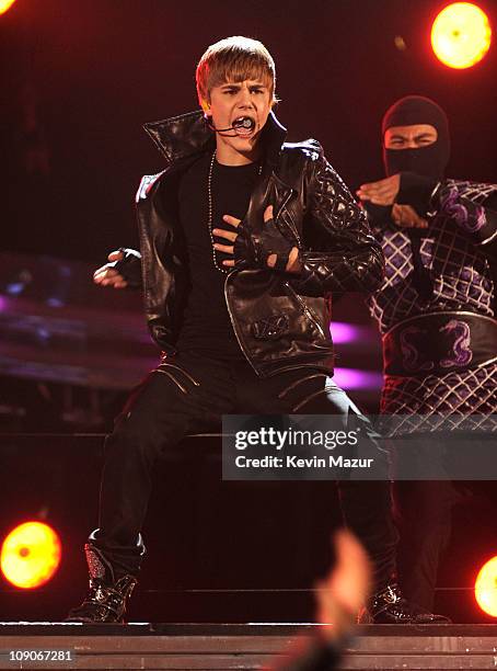Justin Bieber performs onstage during The 53rd Annual GRAMMY Awards held at Staples Center on February 13, 2011 in Los Angeles, California.
