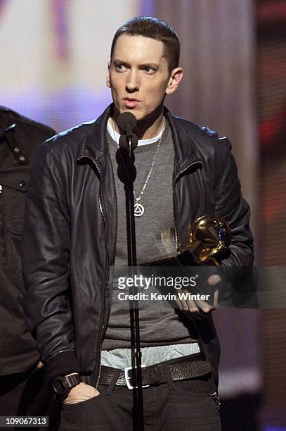 Eminem accepts the Best Rap Album Award for "Recovery" onstage during The 53rd Annual GRAMMY Awards held at Staples Center on February 13, 2011 in...