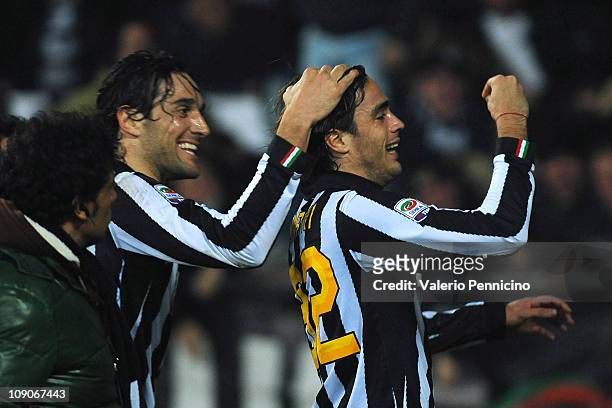 Alessandro Matri of Juventus FC celebrates scoring the opening goal with team mate Luca Toni during the Serie A match between Juventus FC and FC...