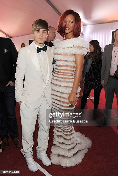 Singers Justin Bieber and Rihanna arrive at The 53rd Annual GRAMMY Awards held at Staples Center on February 13, 2011 in Los Angeles, California.