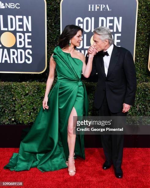 Catherine Zeta-Jones and Michael Douglas attend the 76th Annual Golden Globe Awards held at The Beverly Hilton Hotel on January 06, 2019 in Beverly...