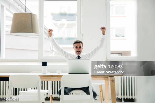 laughing businessman with laptop on table cheering in office - arms raised foto e immagini stock