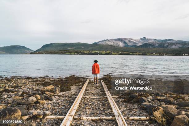 northern norway, man standing alone at fjord, looking at view - rua sem saída imagens e fotografias de stock
